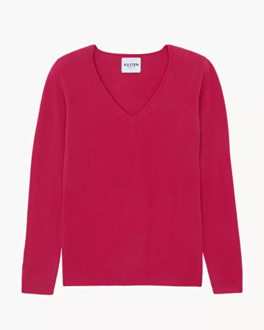 Kujten Pulls & Sweats | Pull Vicky Pull Cachemire Femme Col V Basic, 2 fils Framboise